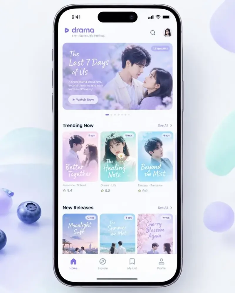 黄果新网APP界面预览 黄果新网APP界面预览,展示梦幻薰衣草紫主题的追剧首页